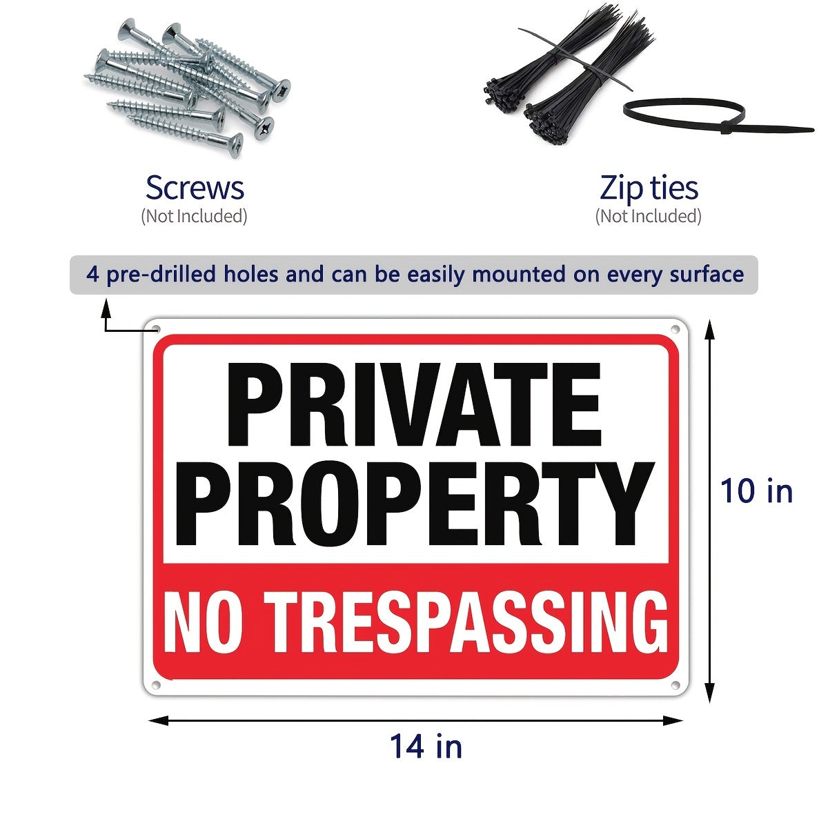 4pcs Private Property No Trespassing Signs, 10"x14" Rust-Free Aluminum, Indoor & Outdoor Use