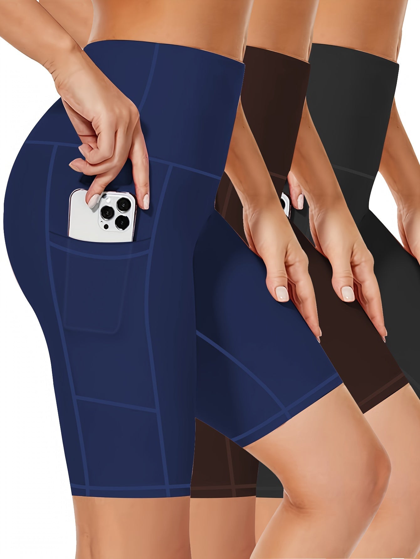 3pcs High Waist Yoga Shorts with Pockets - Breathable Fabric, Butt-Lifting Athletic Compression Shorts for Women, Sport Style Gym Activewear