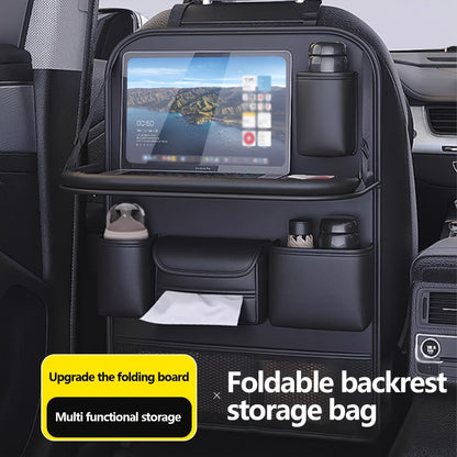Premium PU Leather Backseat Organizer with Foldable Table Tray – Multi-Functional Vehicle Seat Storage Bag – Large Capacity for SUVs, Trucks and Vans