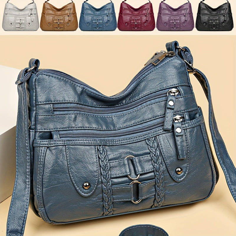 Retro Rivet Crossbody Bag for Women - PU Leather Multi-Zipper Messenger Bag
