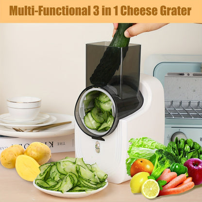 Electric Cheese Grater and Vegetable Slicer - Food Processor Spiralizer with Multi Cone Blades - Stainless Steel, White