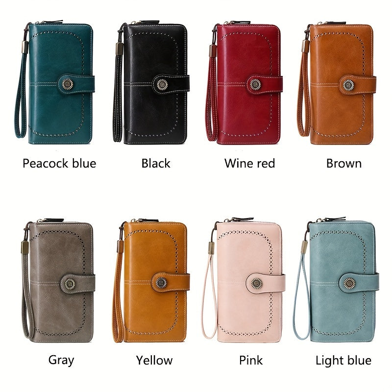RFID Large Capacity Women's Wallet - Retro Style, Multi-Card, Solid Color with Zipper and Wrist Strap