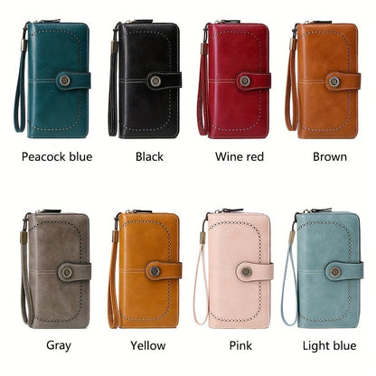 RFID Large Capacity Women's Wallet - Retro Style, Multi-Card, Solid Color with Zipper and Wrist Strap