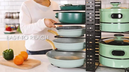 8-Tier Pot Organizer Rack - Metal Kitchen Cabinet Storage for Pots and Pans, Space-Saving Holder