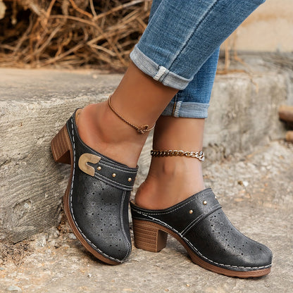 Women's Floral Pattern Slip-On Clogs with Chunky Heel - Closed Toe Soft Sole Walking Shoes