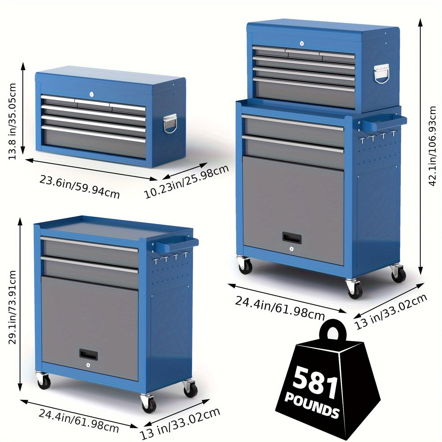 8 Drawer Tool Storage Cabinet on Wheels - High Capacity, Removable Organizer, Detachable Top Box, Locking System, Ideal for Workshop & Garage, Blue