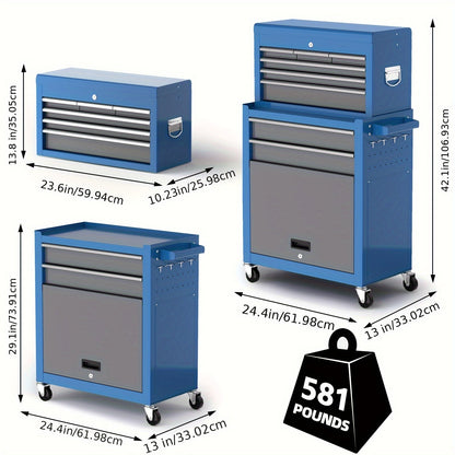 8 Drawer Tool Storage Cabinet on Wheels - High Capacity, Removable Organizer, Detachable Top Box, Locking System, Ideal for Workshop & Garage, Blue