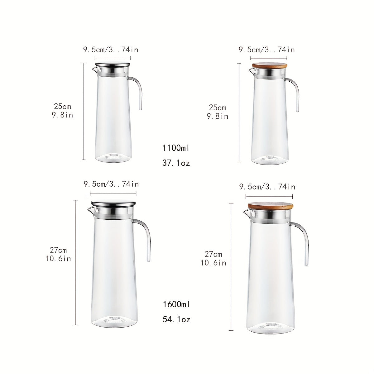 Water Pitcher with Lid – 37.1oz/54.1oz Heavy Duty Drink Pitcher – Stainless Steel or Wooden Lid – Ideal for Juice, Bubble Tea, Summer Drinks – Kitchen and Home