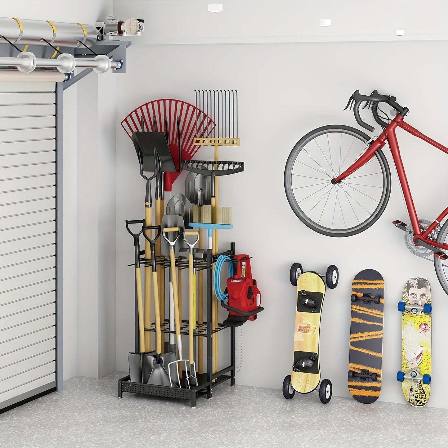Heavy-Duty Tool Organizer Rack - Spacious Storage for Long-Handled Gardening Tools, Hooks, and Accessories - Durable Metal Construction, Sturdy Black Design, Ideal for Garage and Utility Storage