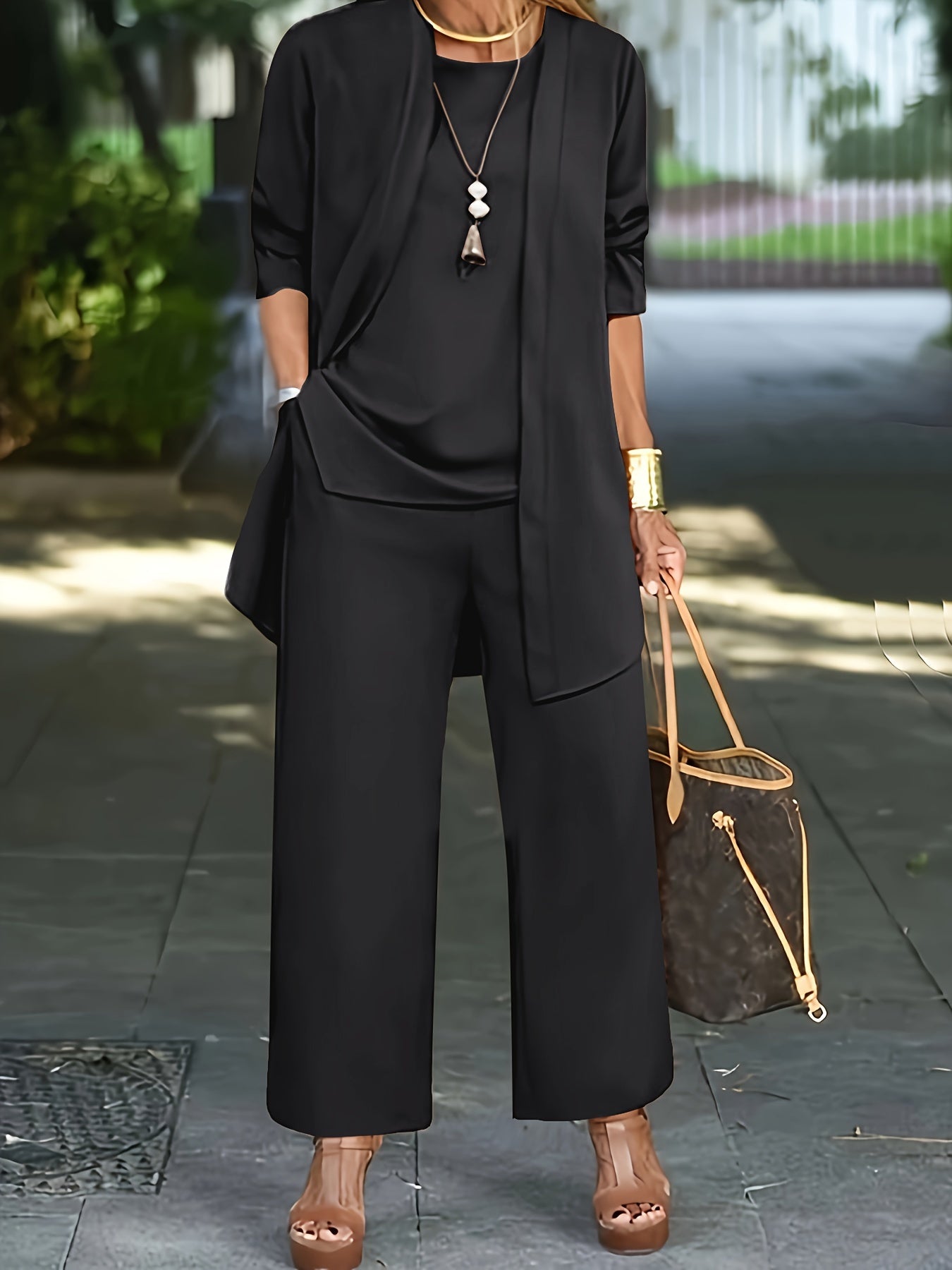 Casual Three-Piece Solid Set – Long Sleeve Cardigan, Top, and Long Pants Outfit for Women