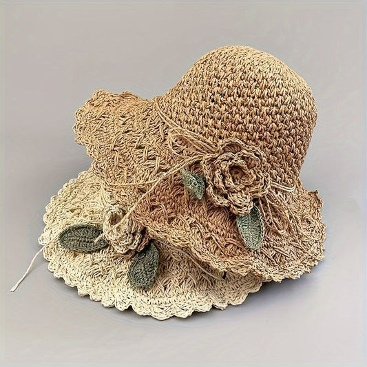 Hand-Crocheted Ruffled Straw Hat - Stylish Summer Beach, Hiking & Thanksgiving Hat