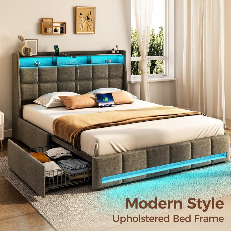 Twin Full Queen Bed Frame with LED Lighting and Charging Station - PU Leather/Neutral Linen Storage Headboard, Drawers, Heavy Duty Wood Slats, Easy Assembly - Modern Bedroom Furniture Upgrade