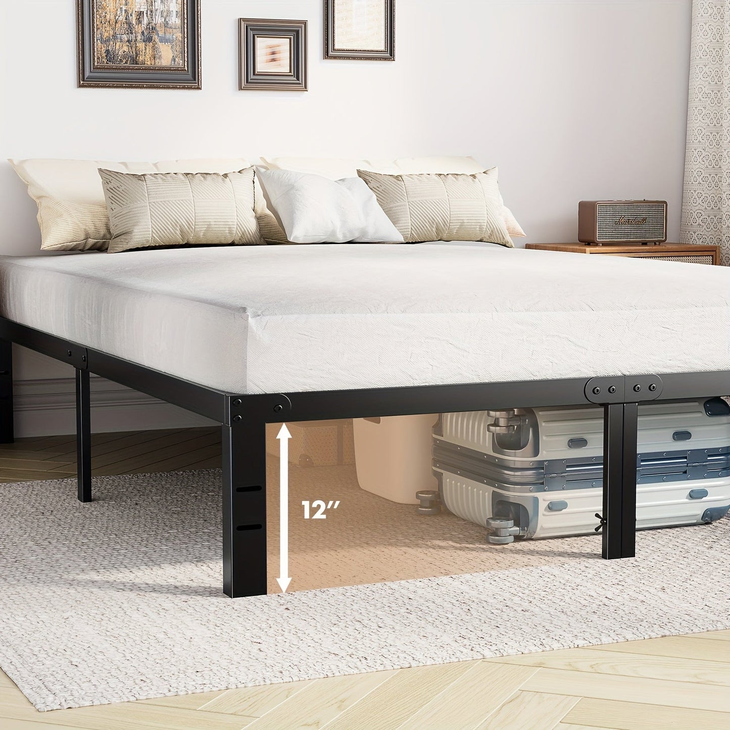 Bed Frame - Metal Platform Bed with Steel Slat Support, 4 Sizes, No Box Spring Needed, Storage Space Under Frame, Easy Assembly, Black