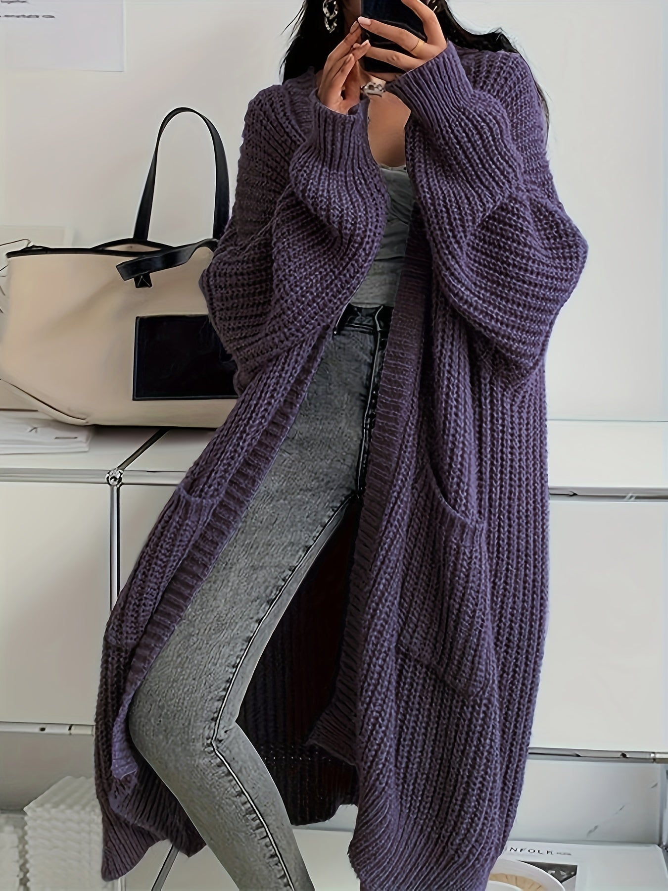 Solid Color Open Front Knitted Cardigan - Casual Long Sleeve Long Length for Spring and Fall Women's Clothing