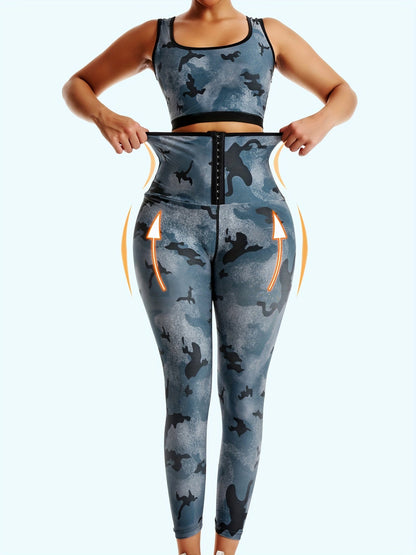 Women's Sauna Suit Set – Half-Back Vest and Long Pants for Sweat-Shaping, Silver-Coated Buttons, 2-Piece Yoga Fitness Outfit