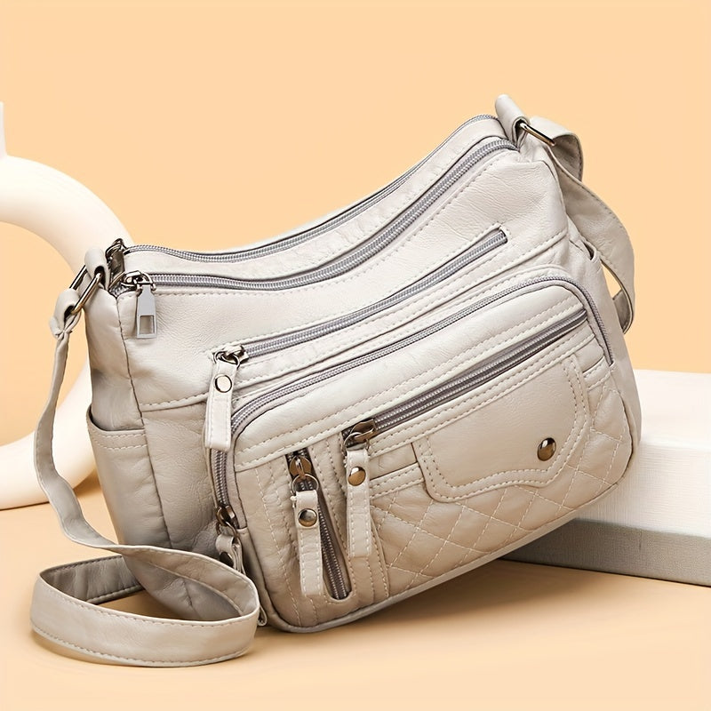 Fashion Multi-Zipper Crossbody Bag – Soft Vegan Leather Shoulder Bag with Multiple Pockets – Women's Handbag Purse