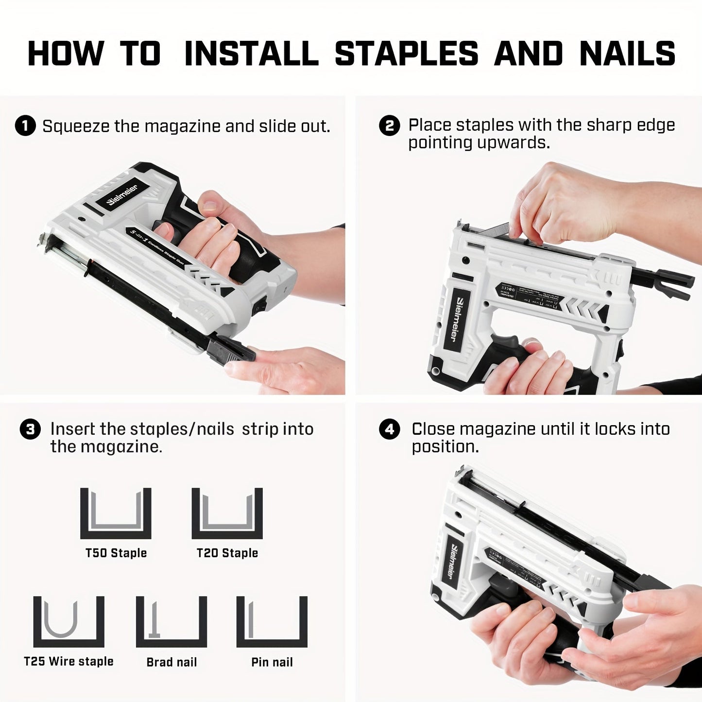 Bielmeier Lithium Ion Staple Gun - 5-in-1 Brad Nailer, 4V Rechargeable Cordless, Battery-Powered with 2,000 Staples and Nails - Power Tacker for Home, Wood, Upholstery, DIY