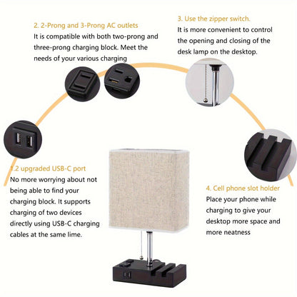 3 Color Temperature Bedside Lamp - Nightstand Table Lamp with 2 USB Ports and AC Outlet - LED Bulb Included - Ideal for Bedroom, Living Room, and Office