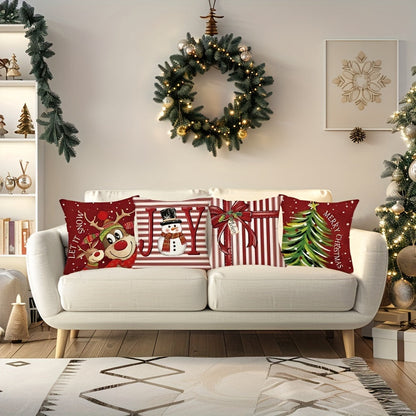4pcs Merry Christmas Throw Pillow Covers - Cute Reindeer, Snowman & Xmas Tree Designs, Winter Holiday Farmhouse Decor, 18x18in Cushion Covers for Porch, Patio & Living Room