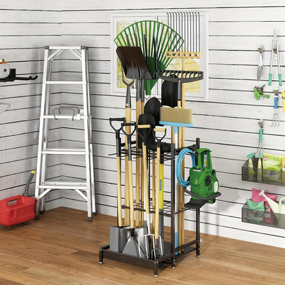 Heavy-Duty Tool Organizer Rack - Spacious Storage for Long-Handled Gardening Tools, Hooks, and Accessories - Durable Metal Construction, Sturdy Black Design, Ideal for Garage and Utility Storage