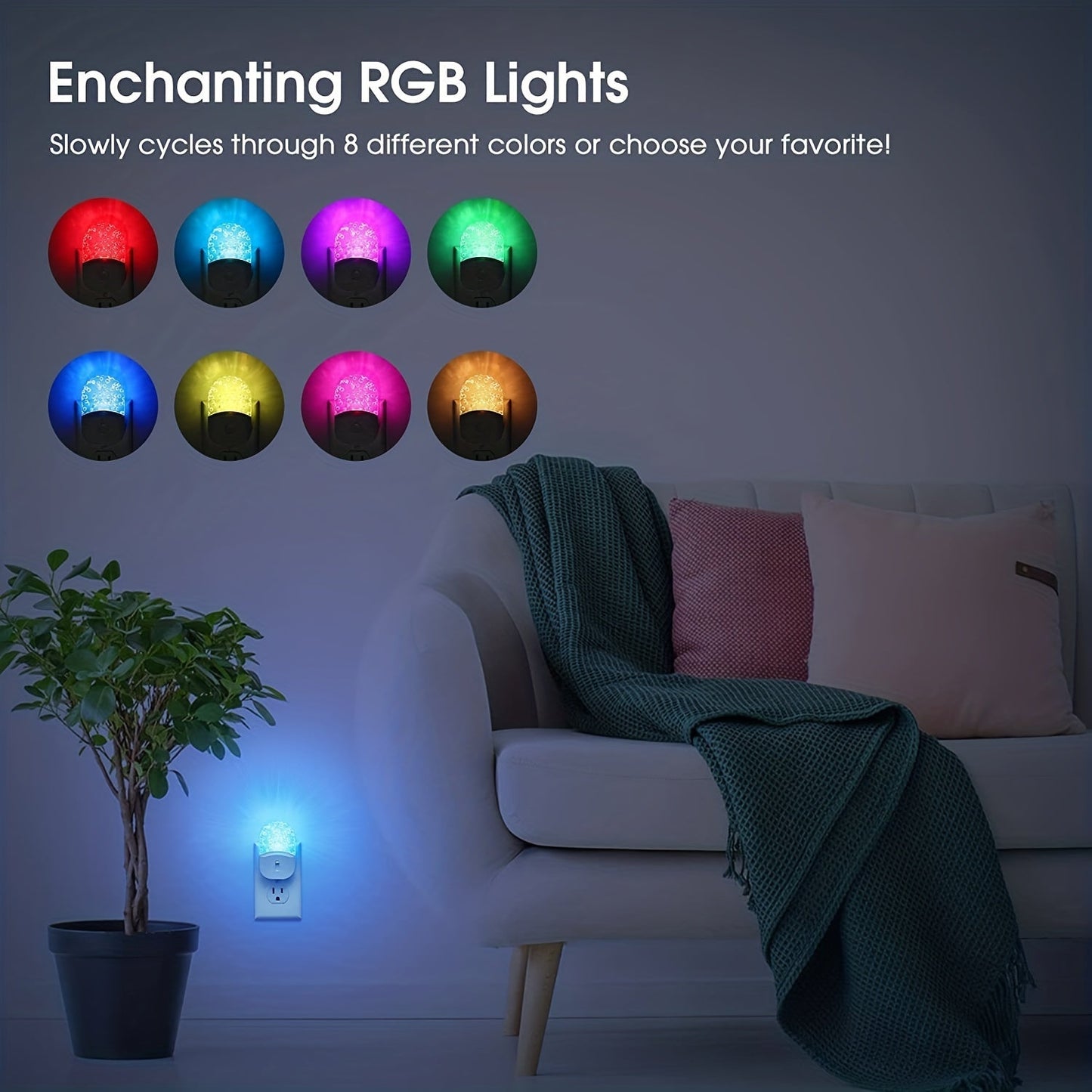 2pcs LED Night Light Plug - 8-Color Changing RGB, Dusk to Dawn Sensor, RGB Mode - Ideal Christmas Gift