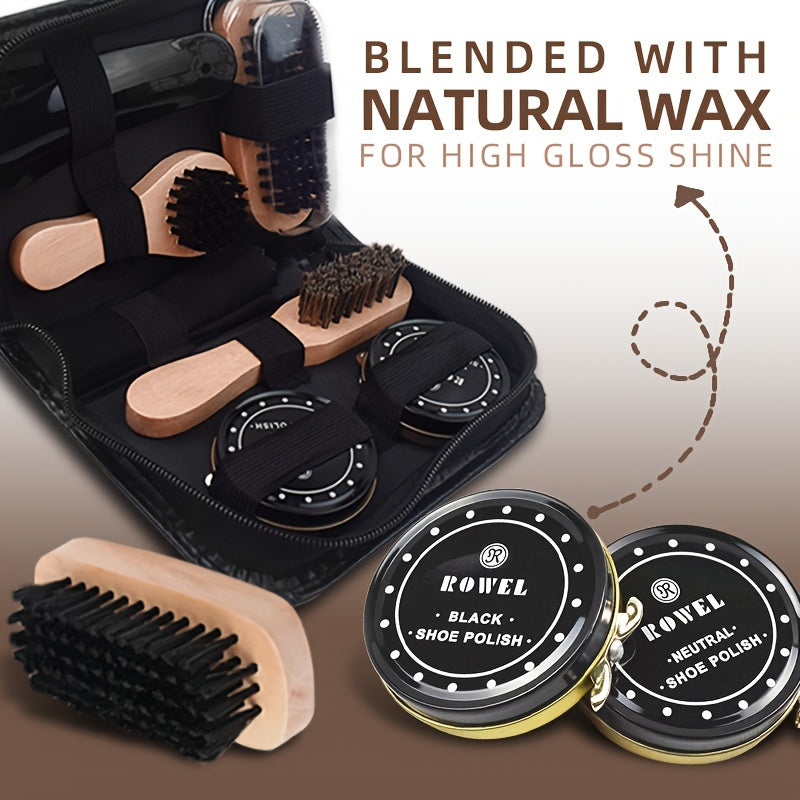 8 Piece Premium Shoe Shine Kit – Faux Fur Brushes, Black PU Case, Shoe Polish Set for Boots & Shoes, Non-Washable with Natural Wax for High Gloss Shine
