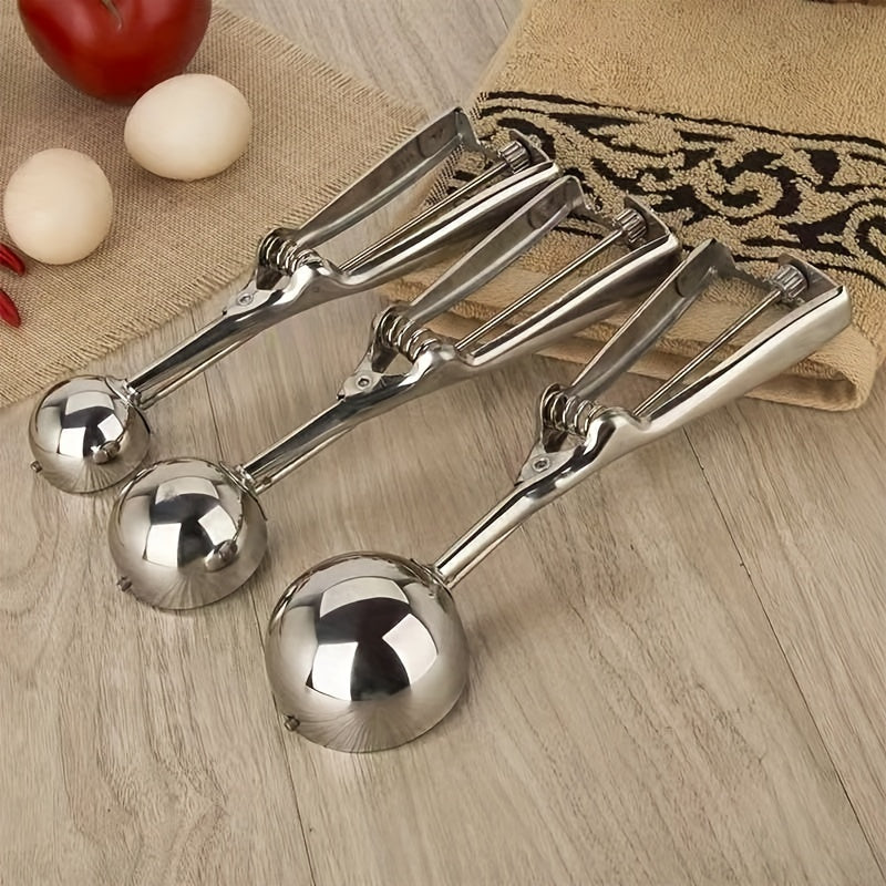 3 Piece Stainless Steel Ice Cream & Cookie Dough Scoops Set with Trigger Release – Silver Cupcake & Fruit Scoop for Baking