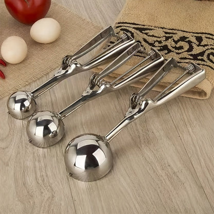 3 Piece Stainless Steel Ice Cream & Cookie Dough Scoops Set with Trigger Release – Silver Cupcake & Fruit Scoop for Baking