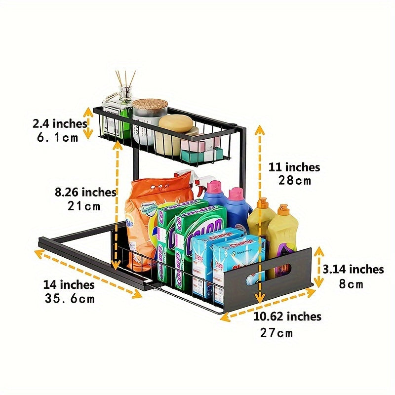 2 Tier Under Sink Organizer: Slide-Out Kitchen & Bathroom Cabinet Storage Shelf, Sturdy Metal Construction