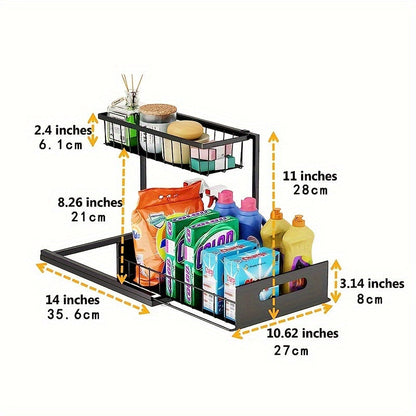 2 Tier Under Sink Organizer: Slide-Out Kitchen & Bathroom Cabinet Storage Shelf, Sturdy Metal Construction