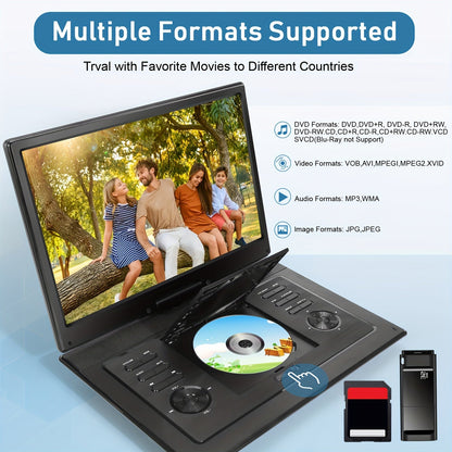 17.9" Portable DVD Player - 15.6" HD Screen, 4-6 Hours Rechargeable, Dual Speakers, Remote Control, Region-Free, USB/SD, Sync TV - Black
