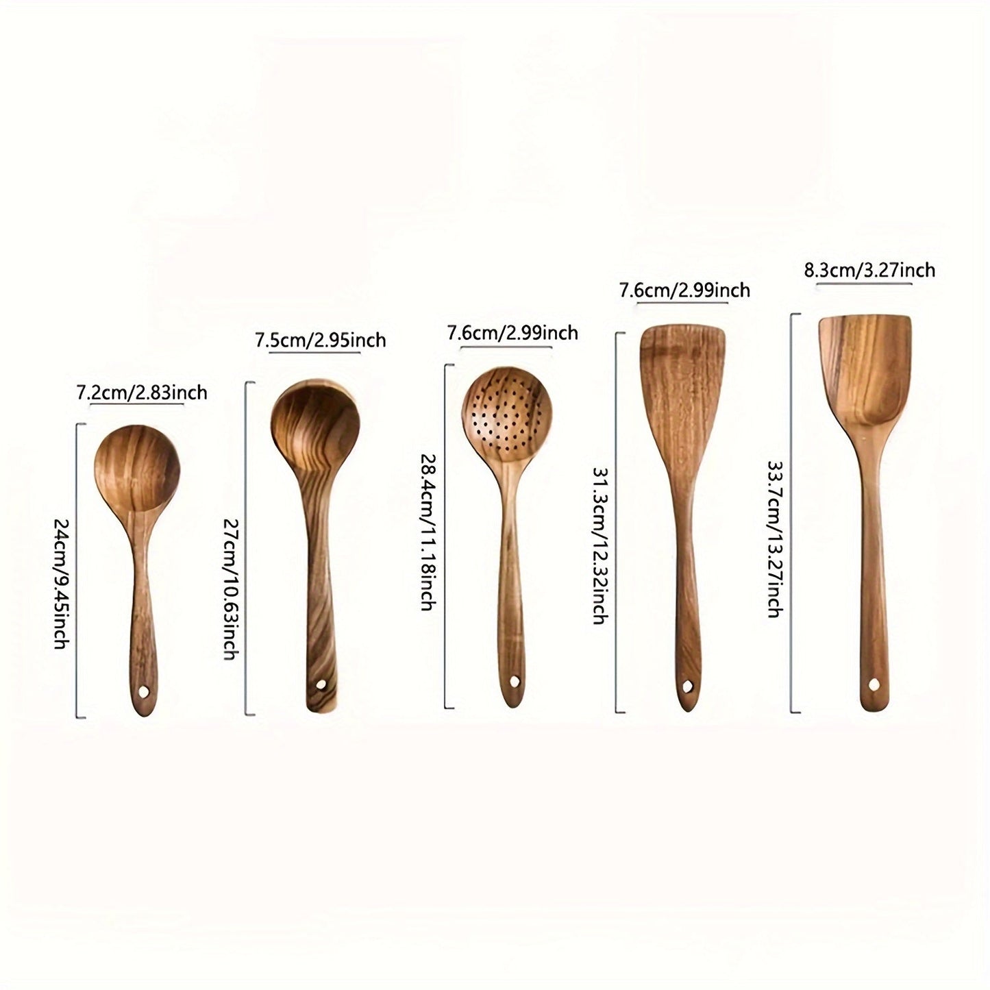 5pcs Wooden Kitchen Utensils Set – Natural Wooden Spoons, Spurtle, Ladle & Wok Spatulas for Non-Stick Pans