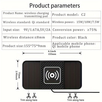 15W Fast Wireless Charging Pad with USB Connector - Non-Slip Rubber Mat for Car, Lightweight USB-Powered Charger for Qi-Enabled Devices, Phone, Watch & Earbuds Multi-Device Charging