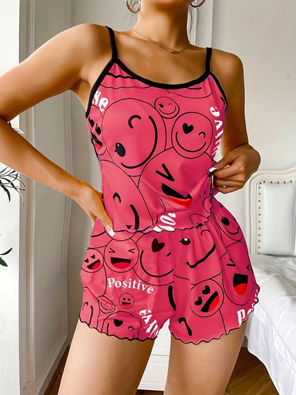 Smiling Face Print Pajama Set - Women's Cute Round Neck Backless Cami Top and Elastic Shorts Sleepwear
