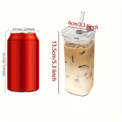 11.83oz Square Glass Coffee Mug with Lid and Straw – Heat Resistant, Transparent Drinkware for Iced Coffee, Milk, Beer – Unique Coffee Mug for Kitchen and Dining