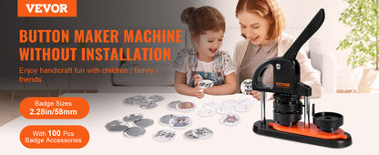 VEVOR Button Maker Machine — 25/32/58mm Pin Maker with Parts, Ergonomic Arc Handle Punch Press Kit