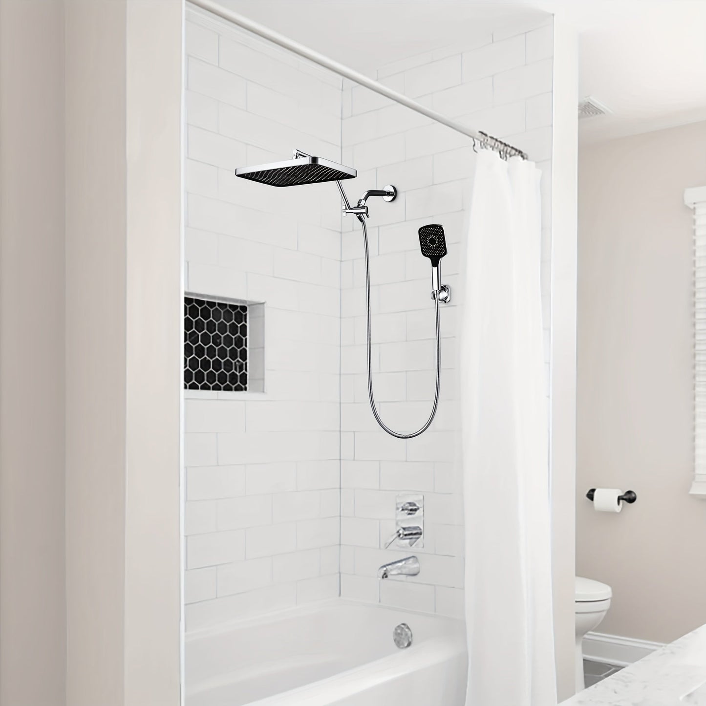 13 Inch Rainfall Shower Head with Handheld Spray - 4 Mode Wand, Adjustable Arm and Diverter Valve, Chrome Finish