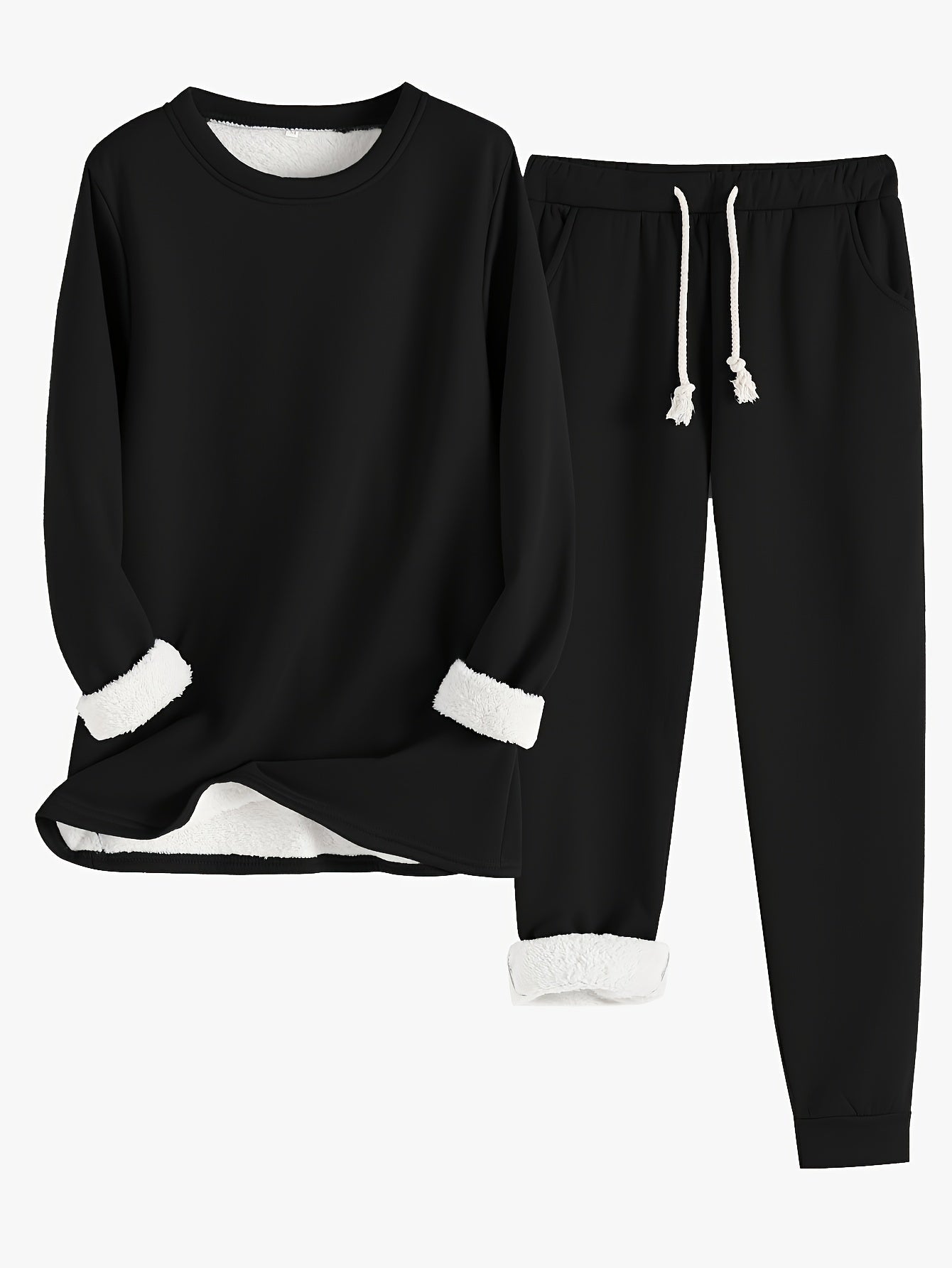 Women's Solid Color Thermal Set – Long Sleeve Sweatshirt & Drawstring Pants Outfit