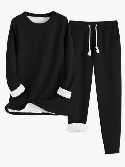 Women's Solid Color Thermal Set – Long Sleeve Sweatshirt & Drawstring Pants Outfit