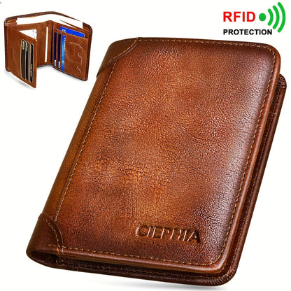 RFID Blocking Trifold Genuine Leather Wallet for Men – Vintage Cowhide, Multi-Function Credit Card Holder with Money Clip and 2 ID Windows