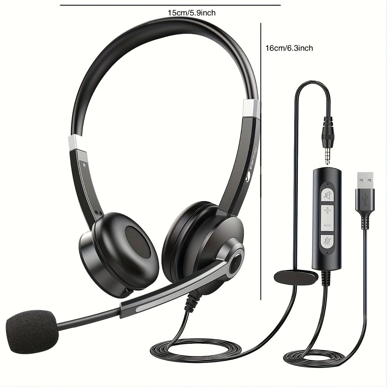 Stereo USB Headset with 3.5mm Jack - Noise Cancelling Microphone, In-Line Volume and Mute Control for PC, Laptop, Business Office, Skype, Zoom