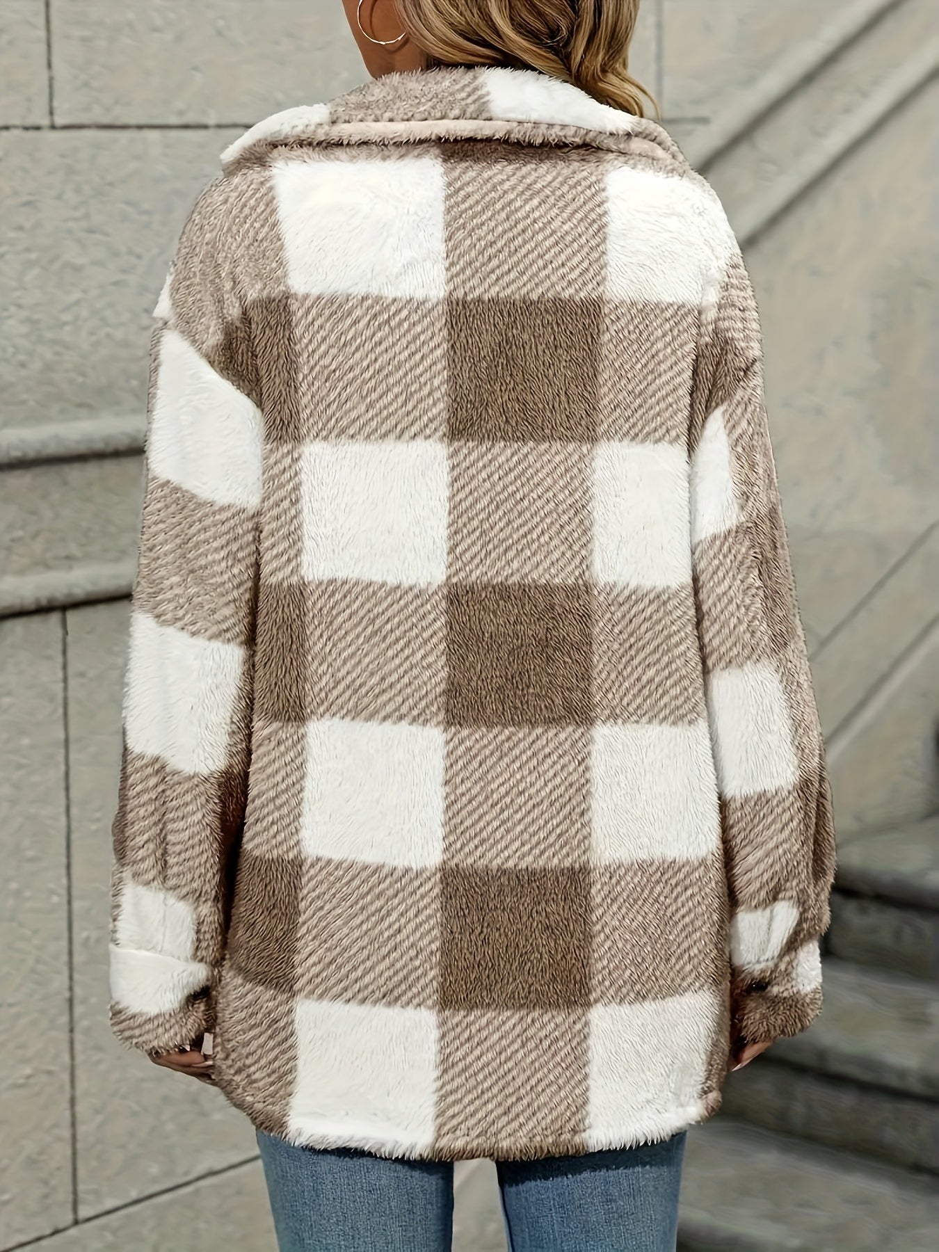 Women's Plaid Button-Front Teddy Coat – Long Sleeve Thermal Winter Outwear