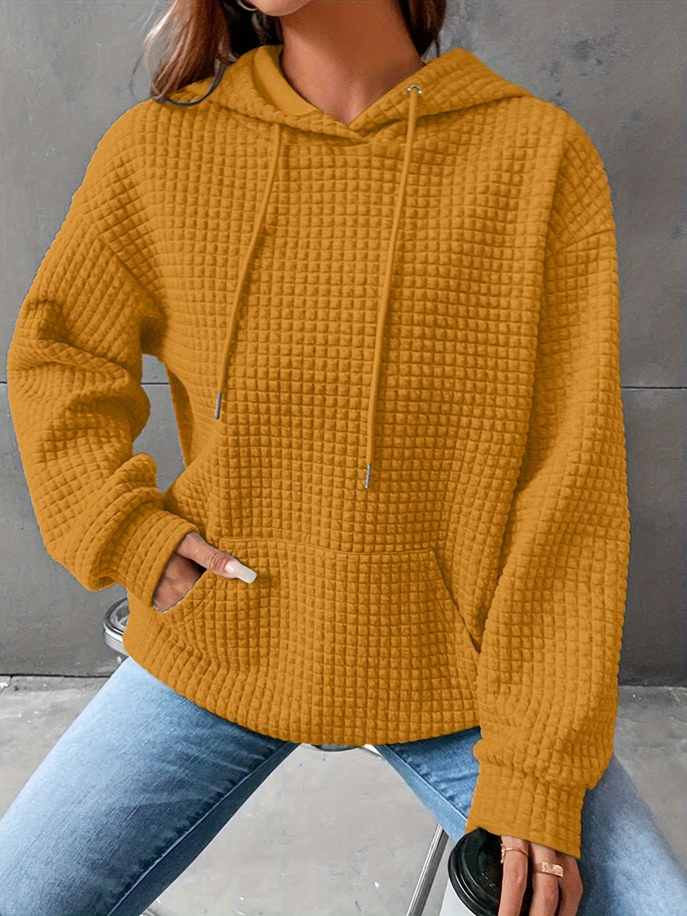 Plus Size Casual Hooded Sweatshirt for Women – Solid Waffle Pattern, Long Sleeve, with Drawstring and Pockets