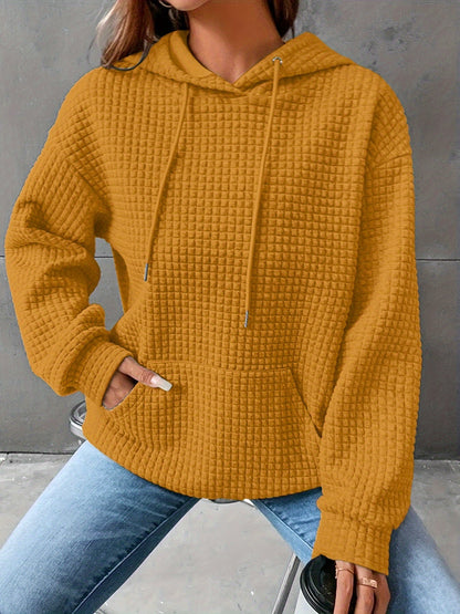 Plus Size Casual Hooded Sweatshirt for Women – Solid Waffle Pattern, Long Sleeve, with Drawstring and Pockets