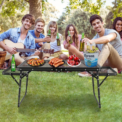 Portable Folding Camping Table with 2 Wing Panels – Height Adjustable, Mesh Desktop, Ideal for Picnic, BBQ, Camping & Beach
