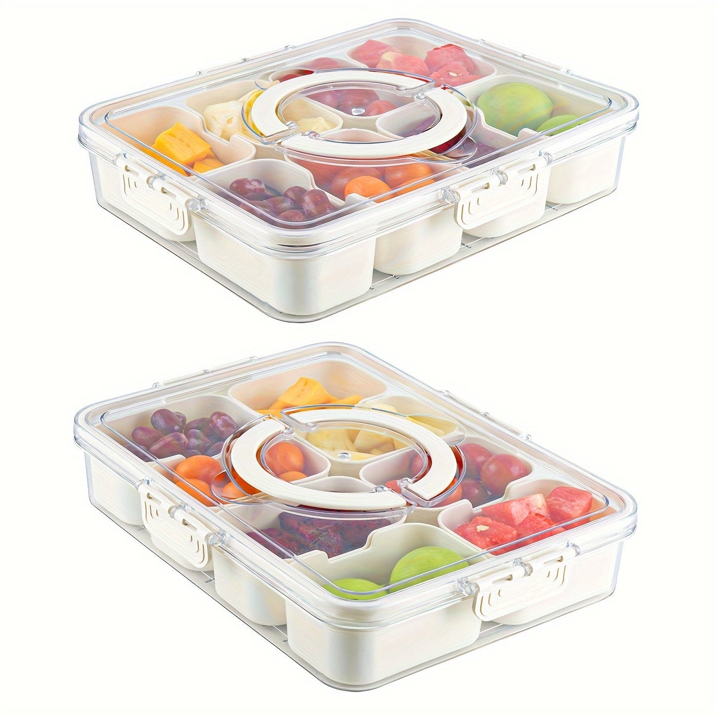 Divided Serving Tray with Handle - Lid and Removable Snack Box, 8-Compartment Fruit Container, Food Storage, Snack and Lunch Organizer, Fridge Platter for Candy, Party, Salad