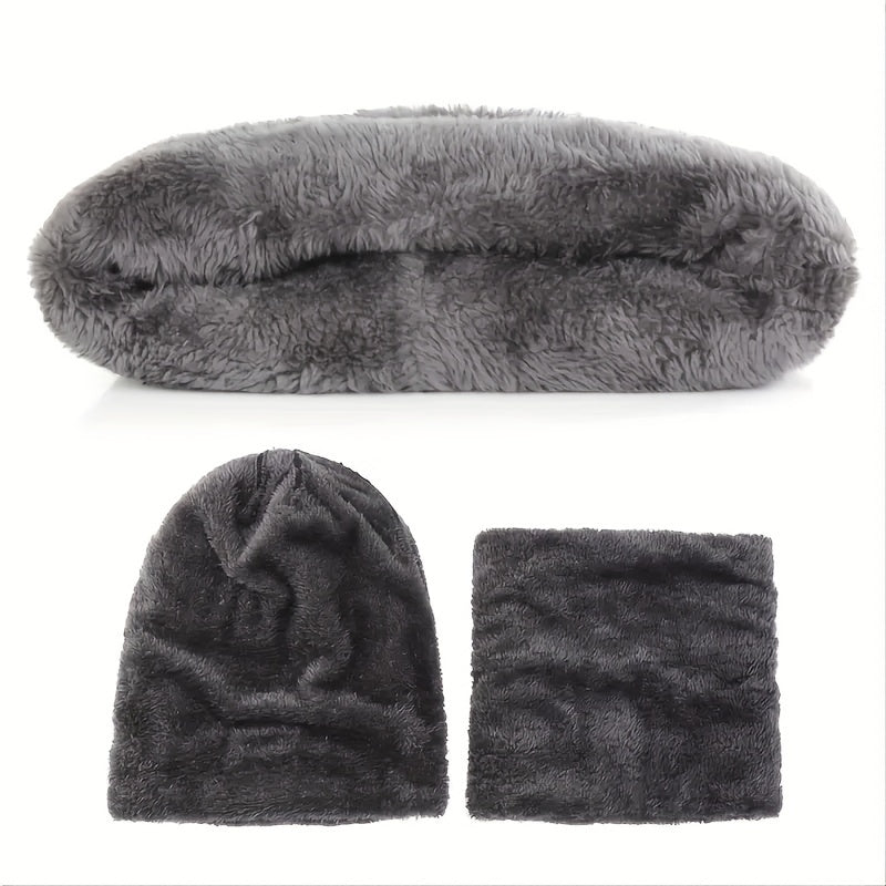 3 Pcs Knit Hat, Neck Warmer and Gloves Set - Thermal Letter Patched Cuff Beanie, Fleece Scarf, and Full Finger Winter Gloves for Men and Women