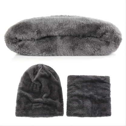 3 Pcs Knit Hat, Neck Warmer and Gloves Set - Thermal Letter Patched Cuff Beanie, Fleece Scarf, and Full Finger Winter Gloves for Men and Women