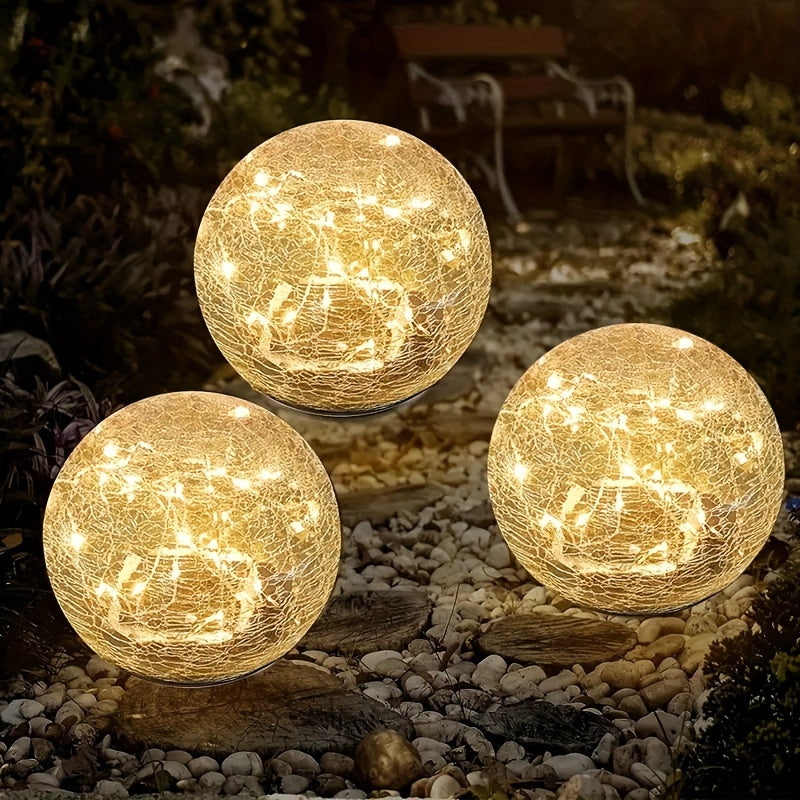 2pc Garden Light Set – Cracked Solar Glass Globe LED, Waterproof Outdoor Decorative Lights for Patio, Lawn, and Garden