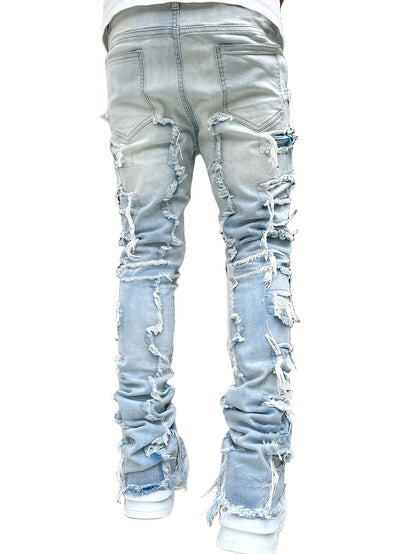 Creative Tassels Decoration Straight Fit Jeans - Men's Casual Medium Stretch Street Style Denim Pants for All Seasons